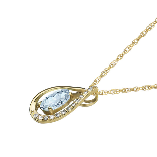 10k Yellow Gold Genuine Oval Aquamarine and Diamond Halo Drop Pendant Necklace