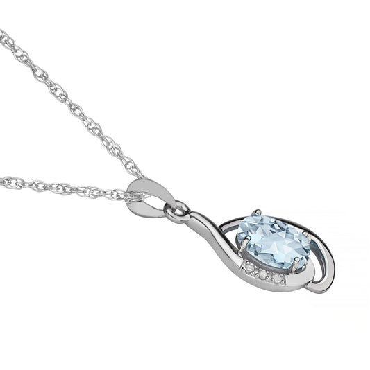 10k White Gold Genuine Oval Aquamarine and Diamond Pendant Necklace