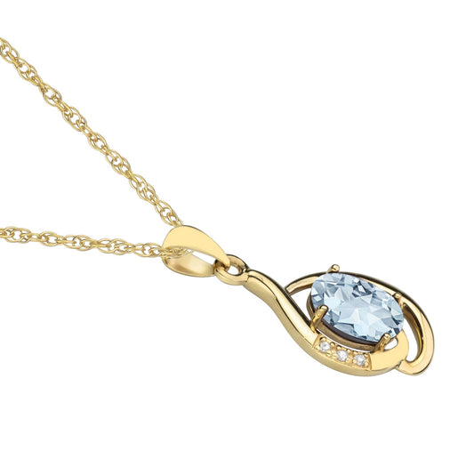 10k Yellow Gold Genuine Oval Aquamarine and Diamond Pendant Necklace