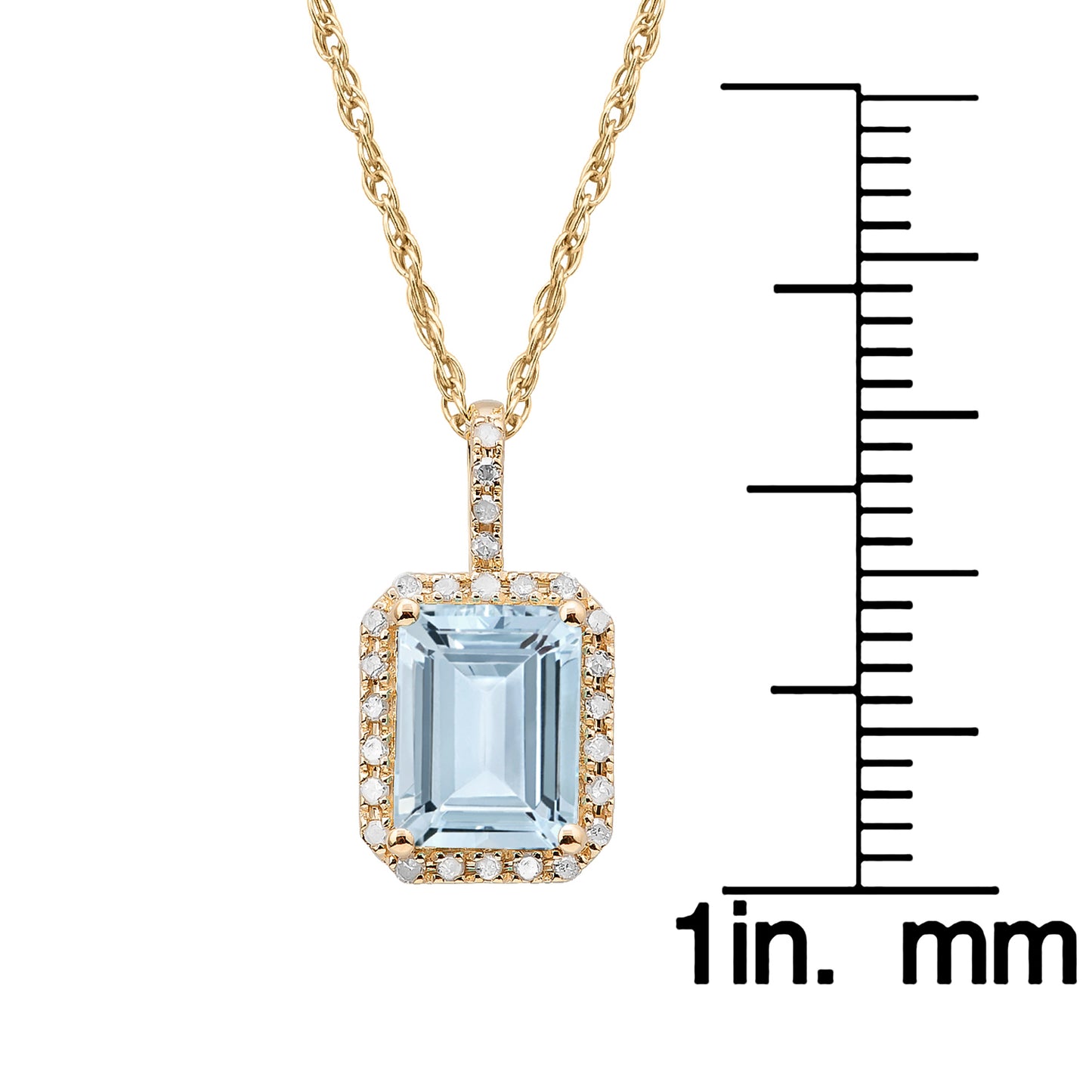 10k Yellow Gold Emerald-Cut Aquamarine and Diamond Halo Pendant Necklace