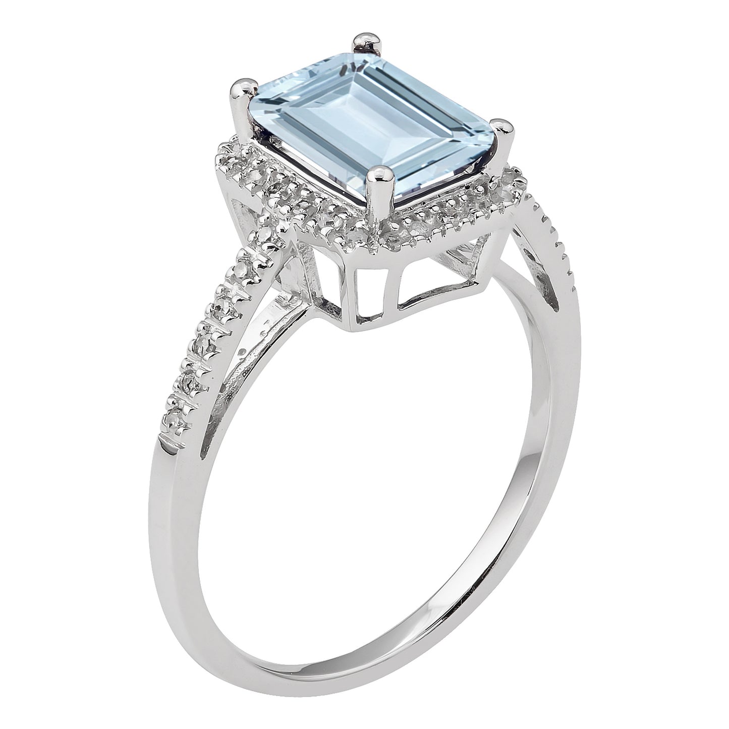 10k White Gold Emerald-Cut Aquamarine and Diamond Halo Ring