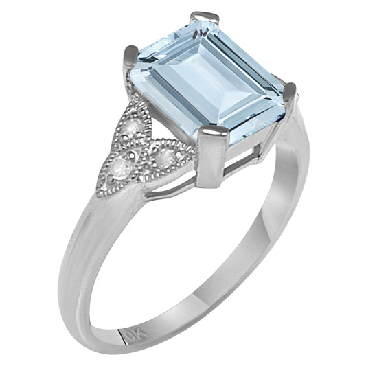 10k White Gold Vintage Style Genuine Emerald-Cut Aquamarine and Diamond Ring