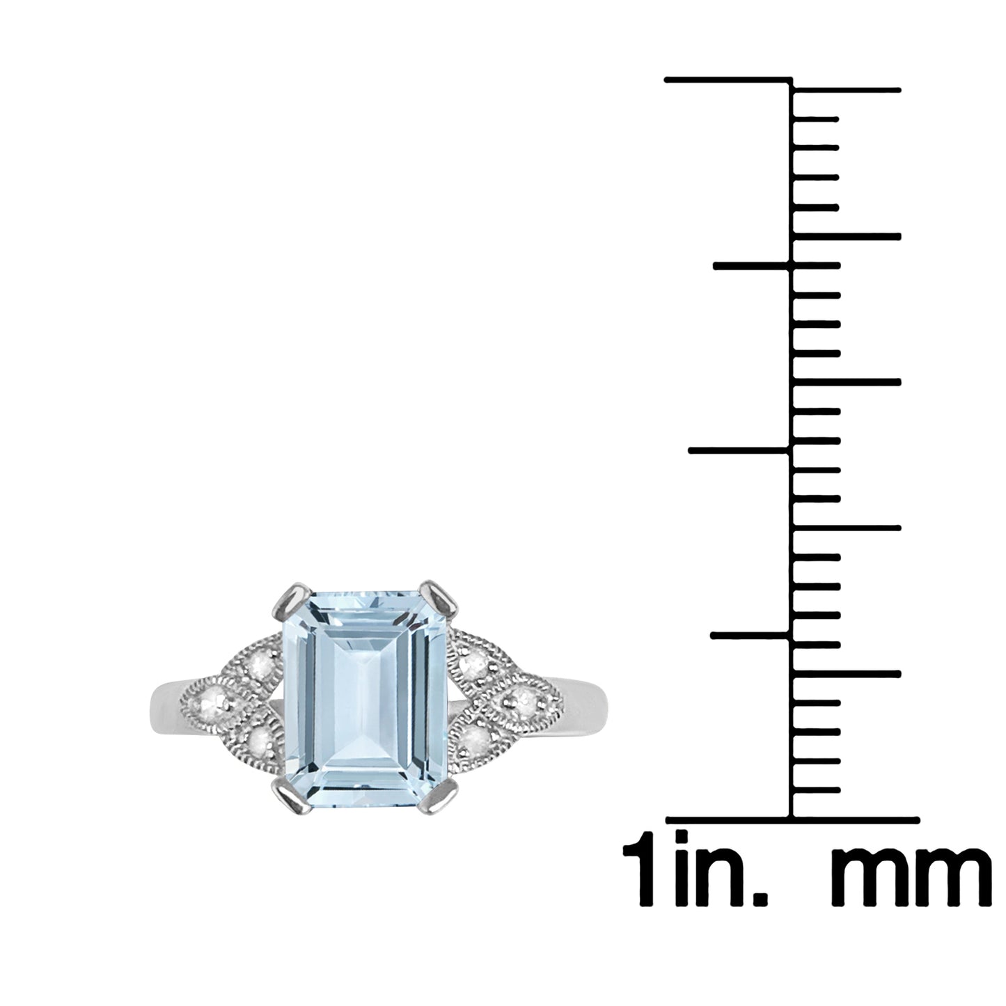 10k White Gold Vintage Style Genuine Emerald-Cut Aquamarine and Diamond Ring