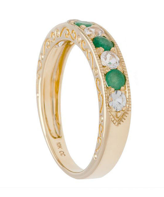10k Yellow Gold Emerald and White Sapphire Vintage Style Anniversary Wedding Band