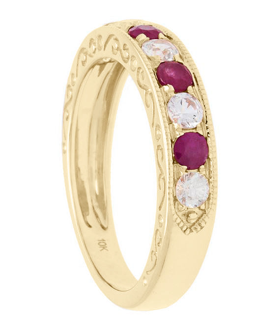 10k Yellow Gold Ruby and White Sapphire Vintage Style Anniversary Wedding Band
