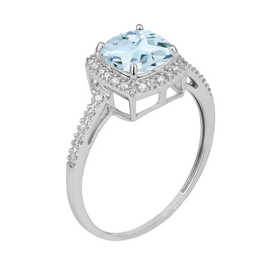 10k White Gold Genuine Cushion-cut 1.50ct Aquamarine and Diamond Halo Ring