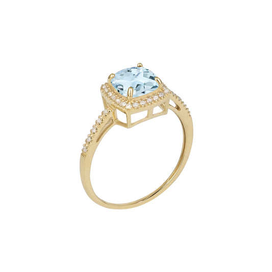 10k Yellow Gold Genuine Cushion-cut 1.50ct Aquamarine and Diamond Halo Ring
