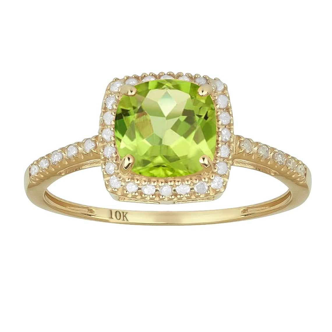 10k Yellow Gold Genuine Cushion-cut 1.80ct Peridot and Diamond Halo Ring