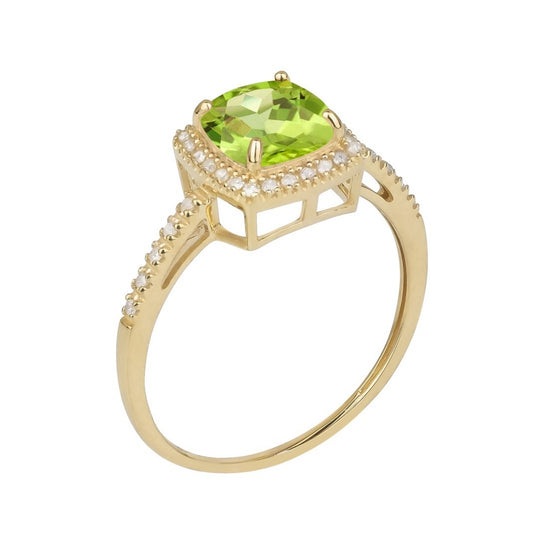 10k Yellow Gold Genuine Cushion-cut 1.80ct Peridot and Diamond Halo Ring