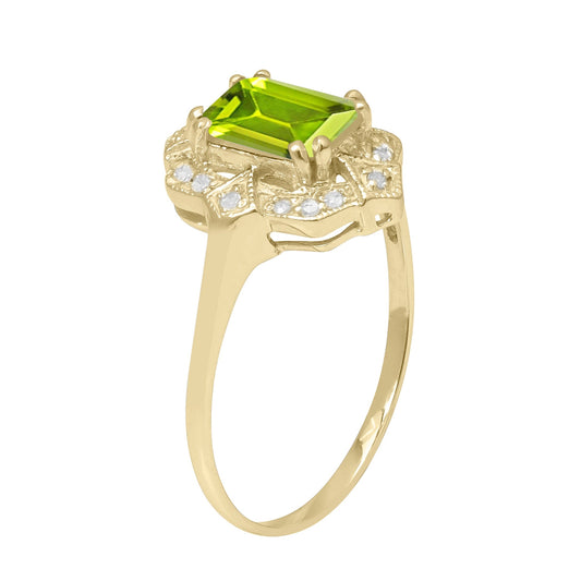10k Yellow Gold Vintage Style Genuine Emerald-Cut Peridot and Diamond Accent Ring