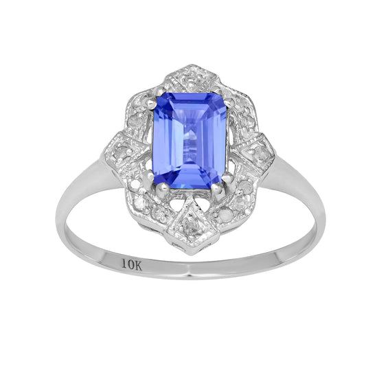 10k White Gold Vintage Style Genuine Emerald-Cut Tanzanite and Diamond Accent Ring