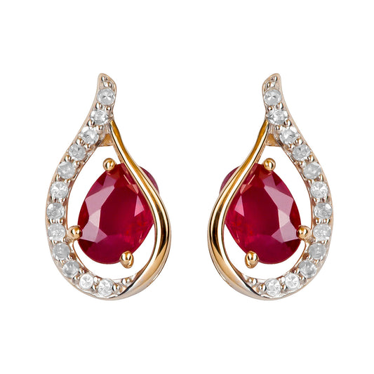 10k Yellow Gold Genuine Oval Ruby and Diamond Curved Halo Drop Earrings