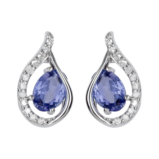 10k White Gold Genuine Oval Tanzanite and Diamond Curved Halo Drop Earrings