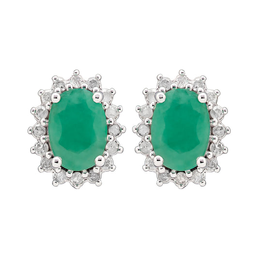 10k White Gold Oval Genuine Emerald and Diamond Halo Earrings