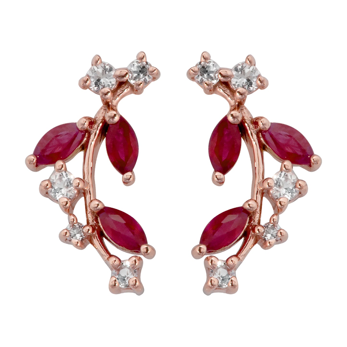 10k Rose Gold Genuine Ruby and White Topaz Crescent Earrings