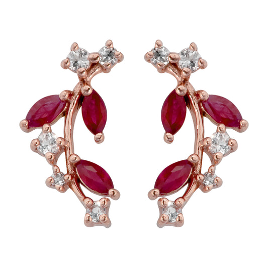 10k Rose Gold Genuine Ruby and White Topaz Crescent Earrings