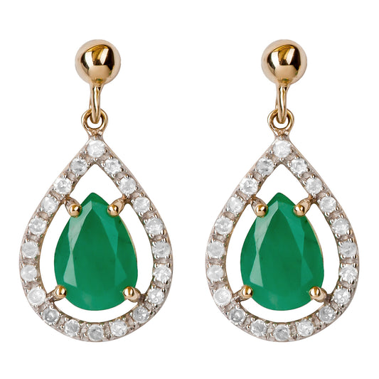 10k Yellow Gold Genuine Pear-Shape Emerald and Diamond Halo Dangle Earrings