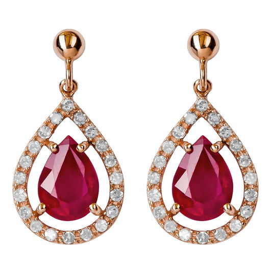 10k Rose Gold Genuine Pear-Shape Ruby and Diamond Halo Dangle Earrings