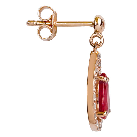 10k Rose Gold Genuine Pear-Shape Ruby and Diamond Halo Dangle Earrings