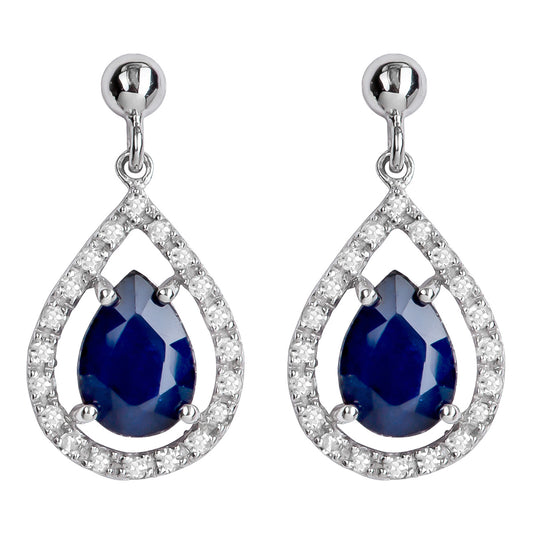 10k White Gold Genuine Pear-Shape Sapphire and Diamond Halo Dangle Earrings