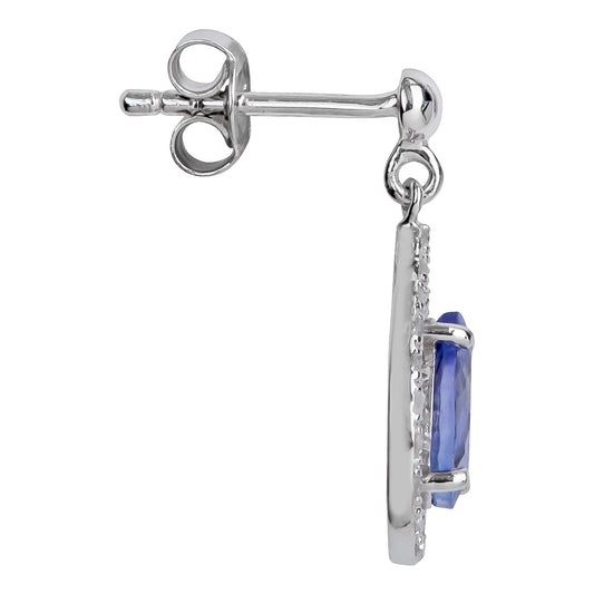 10k White Gold Genuine Pear-Shape Tanzanite and Diamond Halo Dangle Earrings