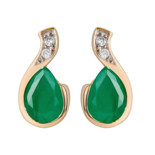 10k Yellow Gold Genuine Pear-Shape Emerald and Diamond Earrings