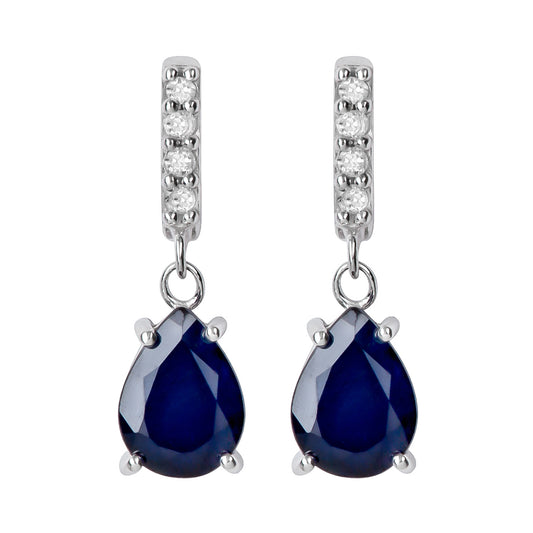 10k White Gold Genuine Pear-Shape Sapphire and Diamond Drop Dangle Earrings