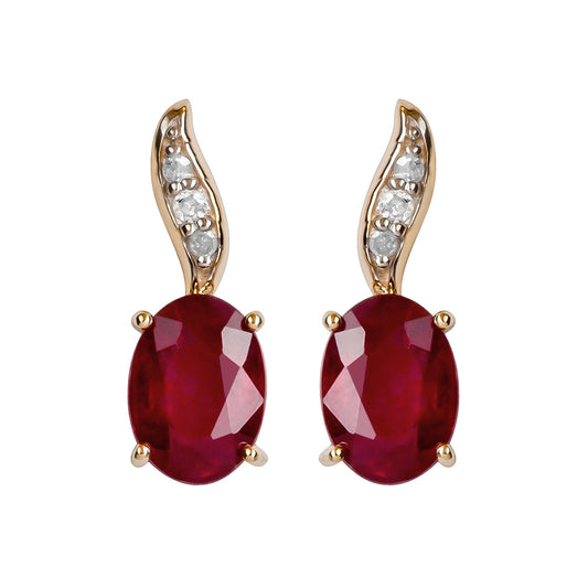 10k Yellow Gold Genuine Oval Ruby and Diamond Drop Earrings