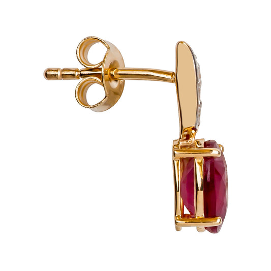 10k Yellow Gold Genuine Oval Ruby and Diamond Drop Earrings