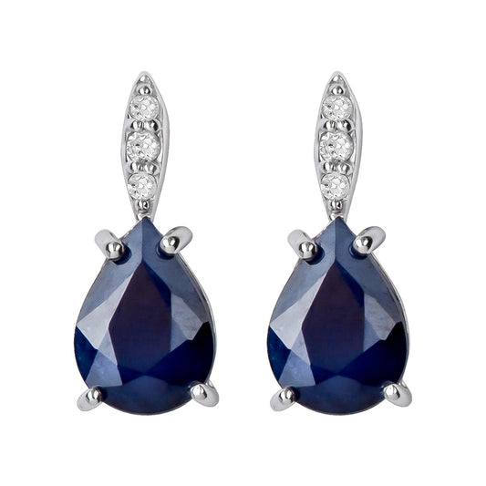 10k White Gold Genuine Pear-Shape Sapphire and Diamond Drop Earrings