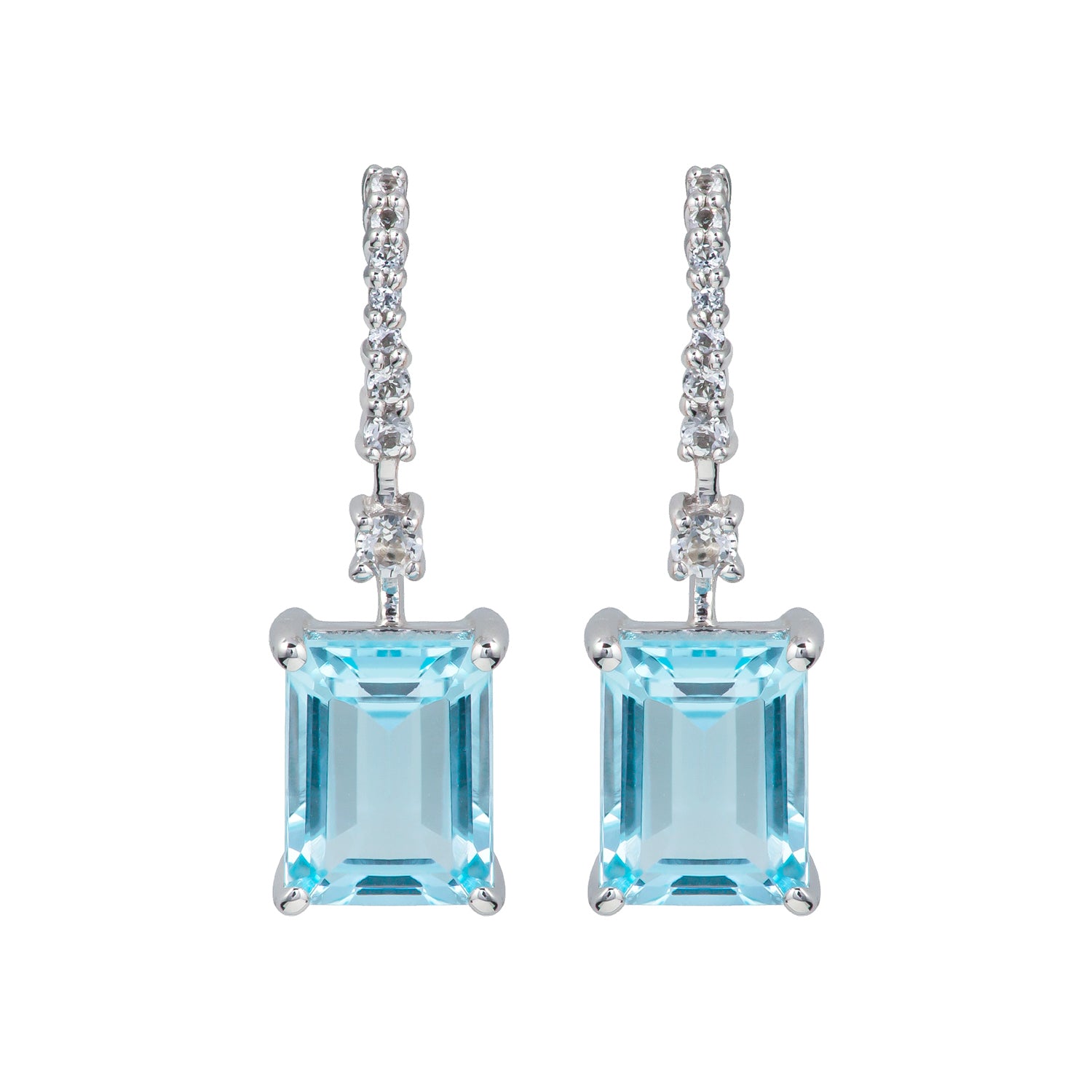10k White Gold Emerald-Cut Blue Topaz and White Topaz Dangle Earrings