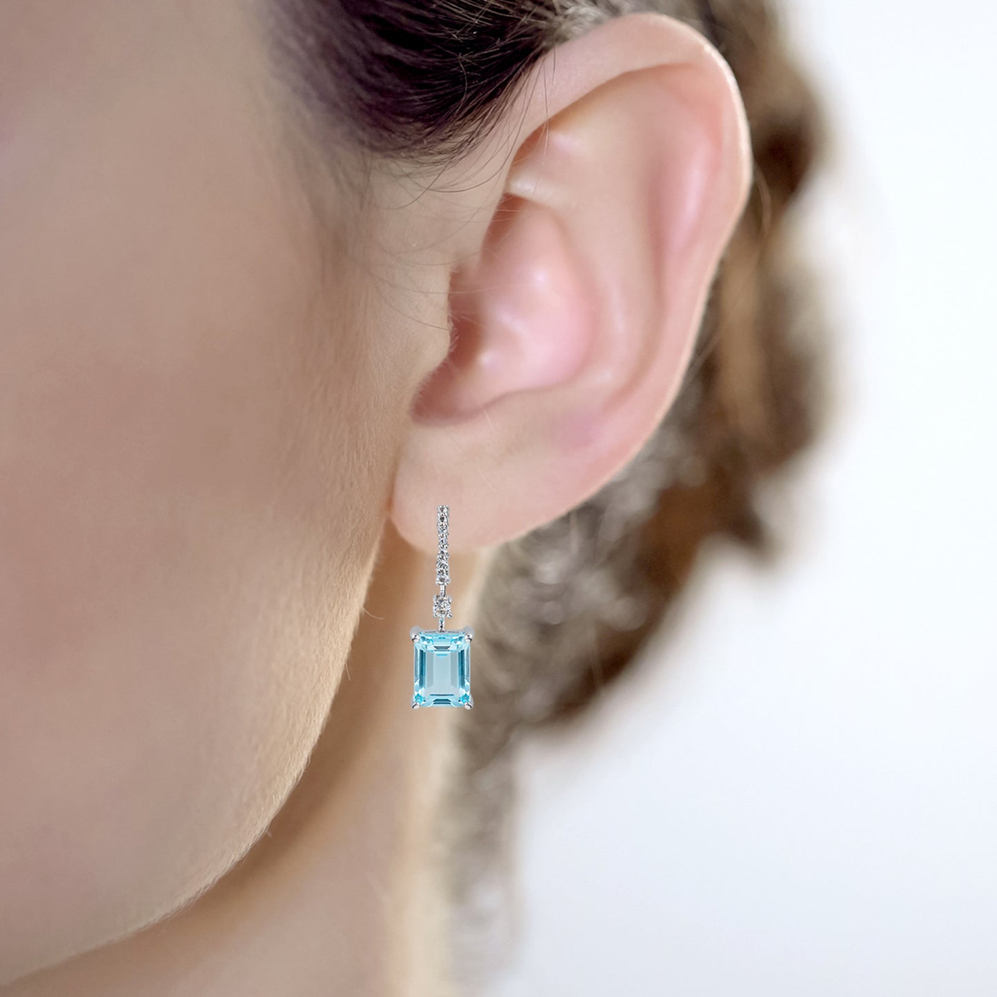 10k White Gold Emerald-Cut Blue Topaz and White Topaz Dangle Earrings