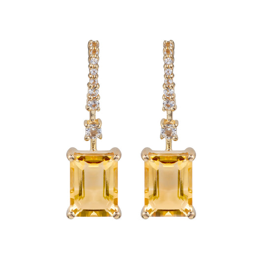 10k Yellow Gold Emerald-Cut Citrine and White Topaz Dangle Earrings
