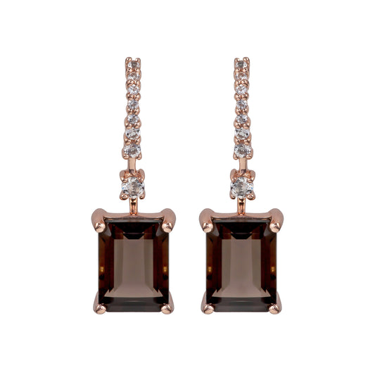 10k Rose Gold Emerald-Cut Smoky Quartz and White Topaz Dangle Earrings