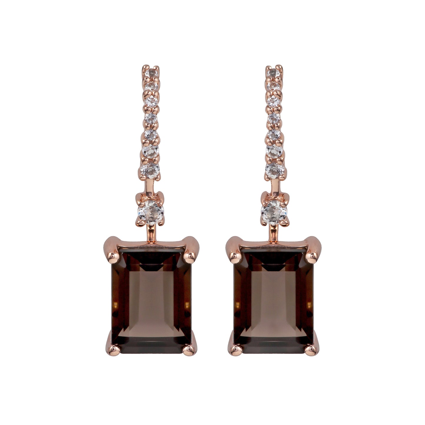 10k Rose Gold Emerald-Cut Smoky Quartz and White Topaz Dangle Earrings