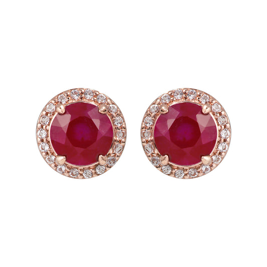 10k Rose Gold Genuine Round Ruby and White Topaz Halo Earrings