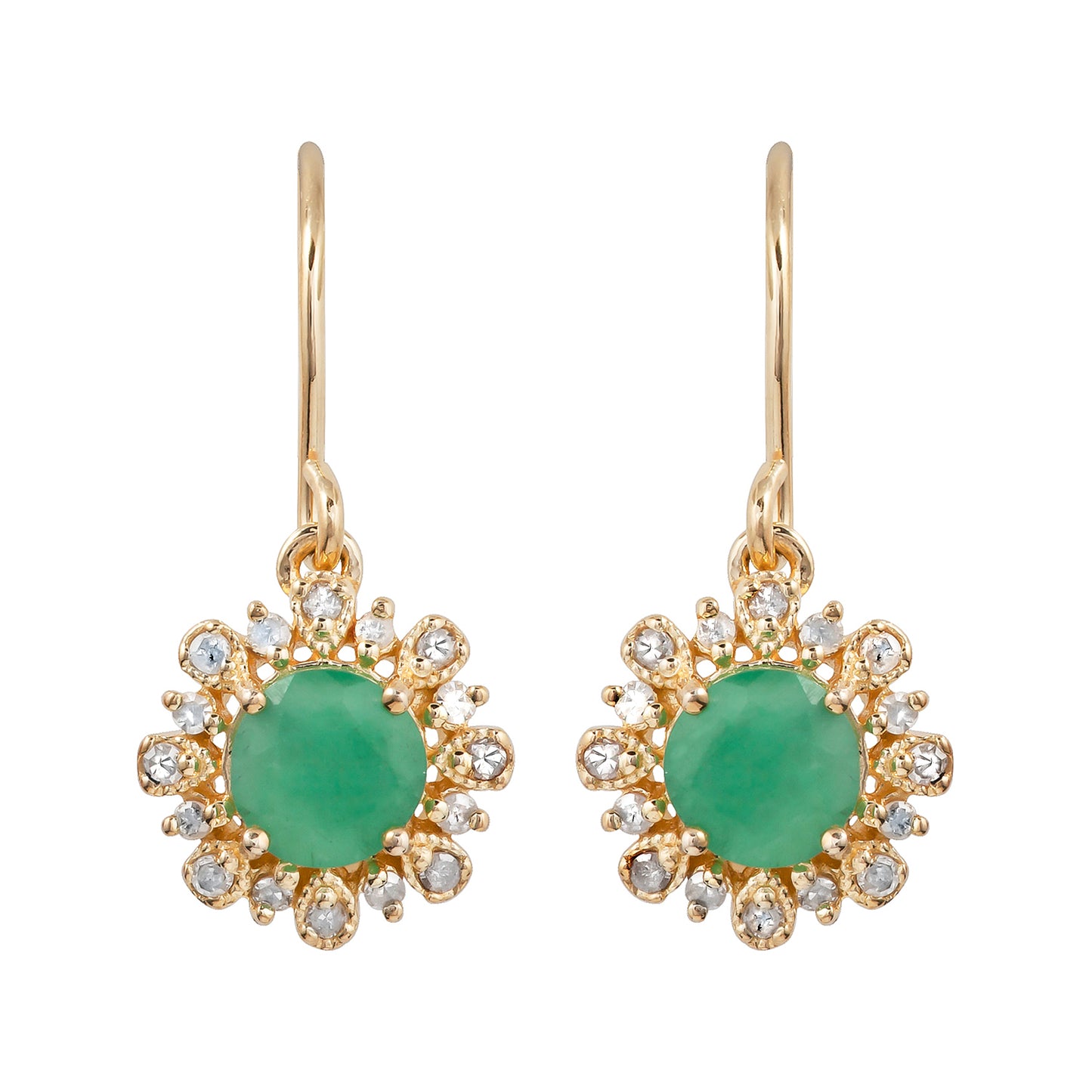 10k Yellow Gold Genuine Round Emerald and Diamond Vintage Style Halo Earrings