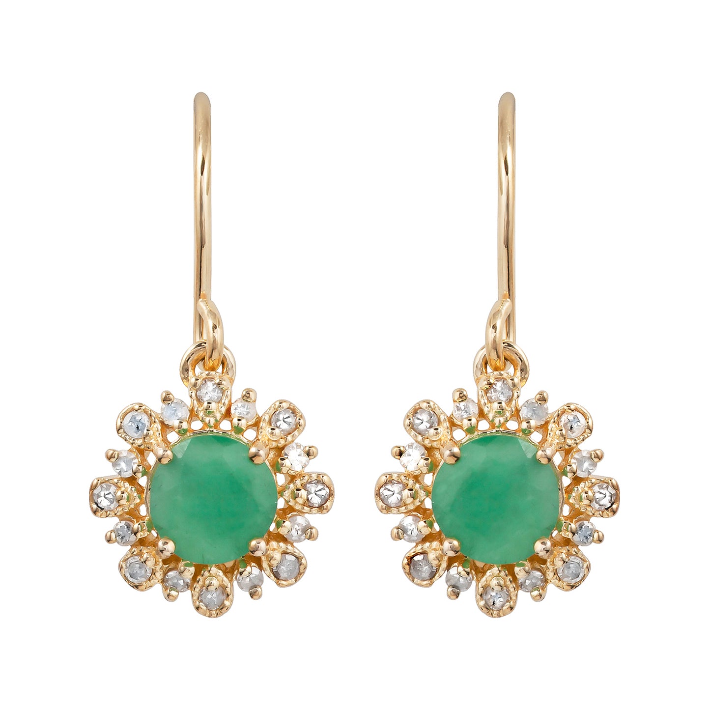 10k Yellow Gold Genuine Round Emerald and Diamond Vintage Style Halo Earrings