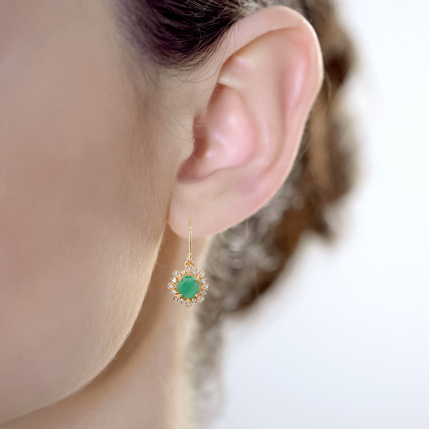 10k Yellow Gold Genuine Round Emerald and Diamond Vintage Style Halo Earrings