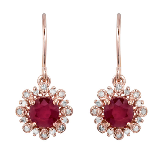 10k Rose Gold Genuine Round Ruby and Diamond Vintage Style Halo Earrings