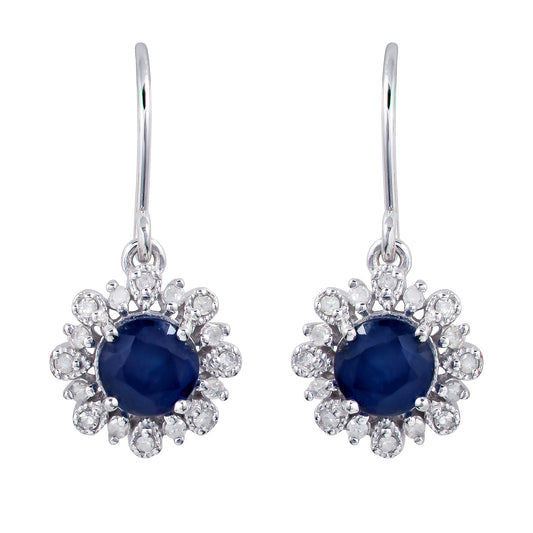 10k White Gold Genuine Round Sapphire and Diamond Vintage Style Halo Earrings