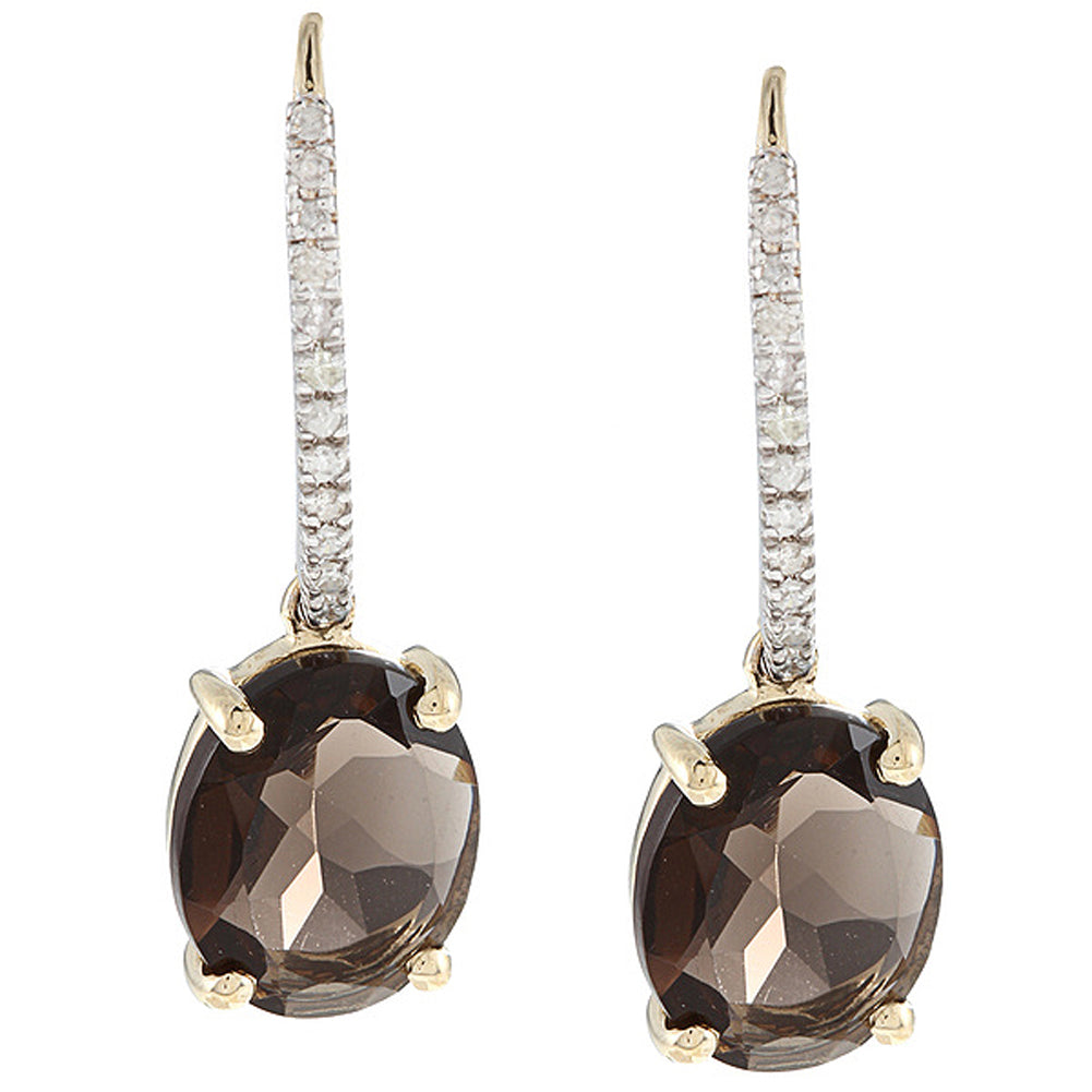 10k Yellow Gold Oval Smoky Quartz and Pave Diamond Earrings