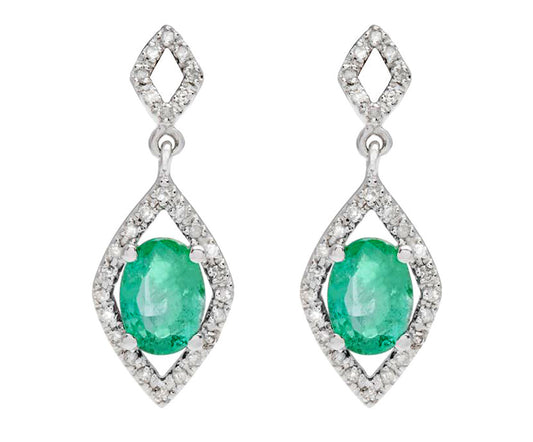 10k White Gold Oval Emerald and Diamond Earrings