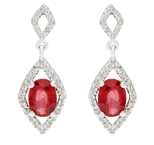 10k White Gold Oval Ruby and Diamond Earrings