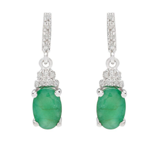 10k White Gold Oval Emerald and Diamond Drop Earrings