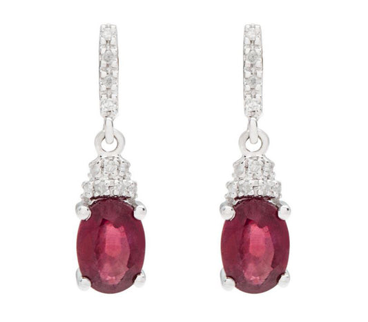 10k White Gold Oval Ruby and Diamond Drop Earrings
