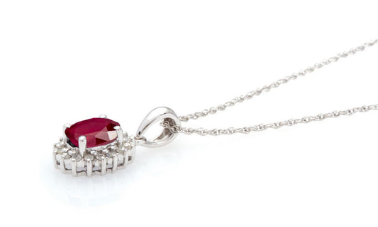 10k White Gold Oval Ruby and Diamond Halo Necklace