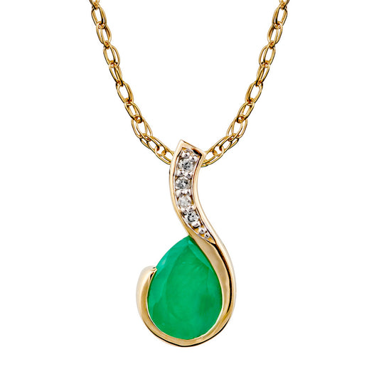 10k Yellow Gold Genuine Pear Shape Emerald and Diamond Drop Pendant Necklace