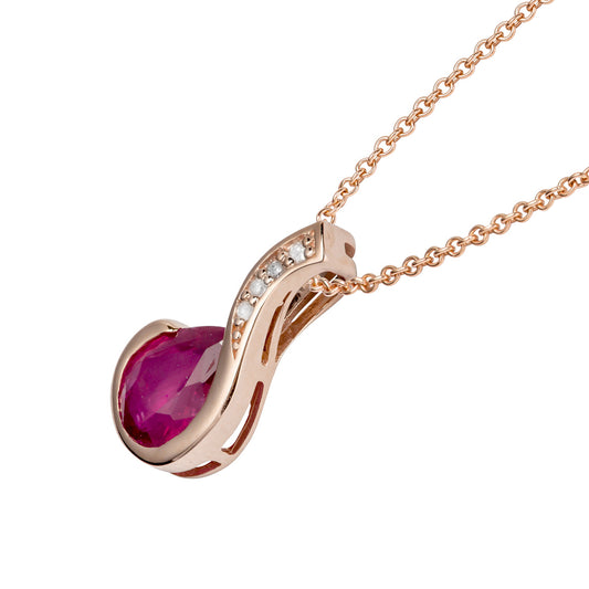 10k Rose Gold Genuine Pear Shape Ruby and Diamond Drop Pendant Necklace