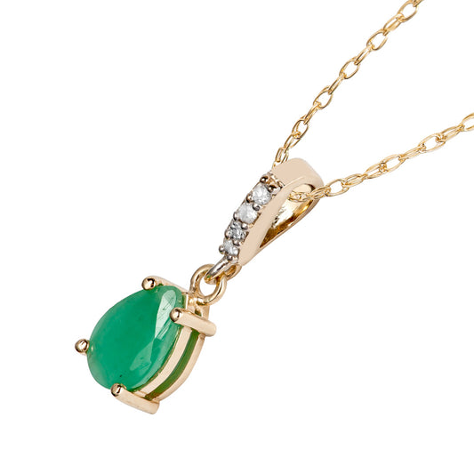 10k Yellow Gold Genuine Pear Shape Emerald and Diamond Drop Pendant Necklace